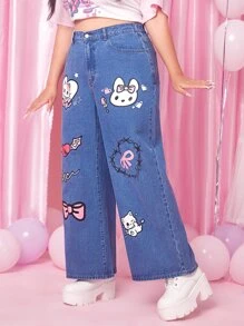 ROMWE Kawaii Plus Cartoon Graphic Wide Leg Jeans - Medium Wash - View 3
