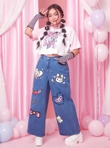 ROMWE Kawaii Plus Cartoon Graphic Wide Leg Jeans - Medium Wash - View 5