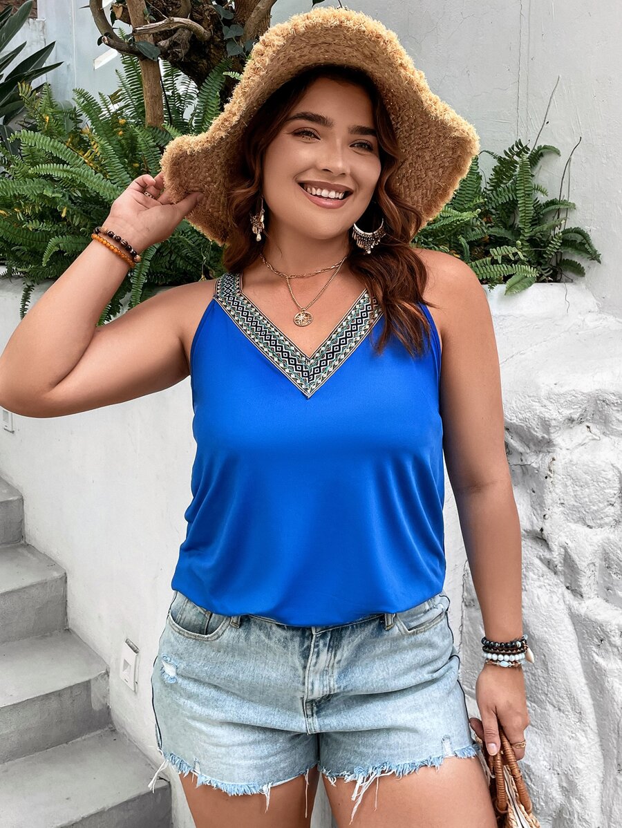 SHEIN LUNE Áo hai dây Plus Size Ruy băng Khối Màu Giải trí - Xanh đậm - Xem 1