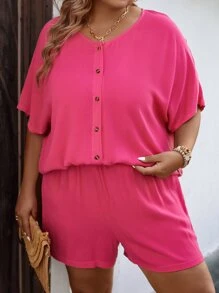 SHEIN LUNE Shorts con blusa de manga murciélago - Rosa Fucsia - Ver 4