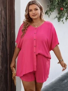 SHEIN LUNE Shorts con blusa de manga murciélago - Rosa Fucsia - Ver 5