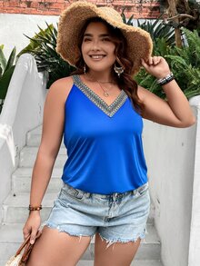 SHEIN LUNE Áo hai dây Plus Size Ruy băng Khối Màu Giải trí - Xanh đậm - Xem 5