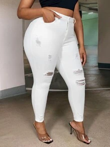 SHEIN SXY Quần Denim kích thước lớn Nút Túi Bị tách Dây kéo màu trơn - trắng - Xem 1