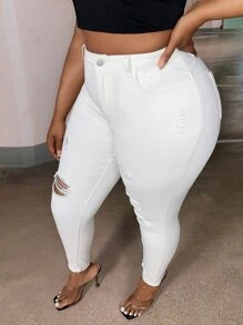 SHEIN SXY Quần Denim kích thước lớn Nút Túi Bị tách Dây kéo màu trơn - trắng - Xem 4