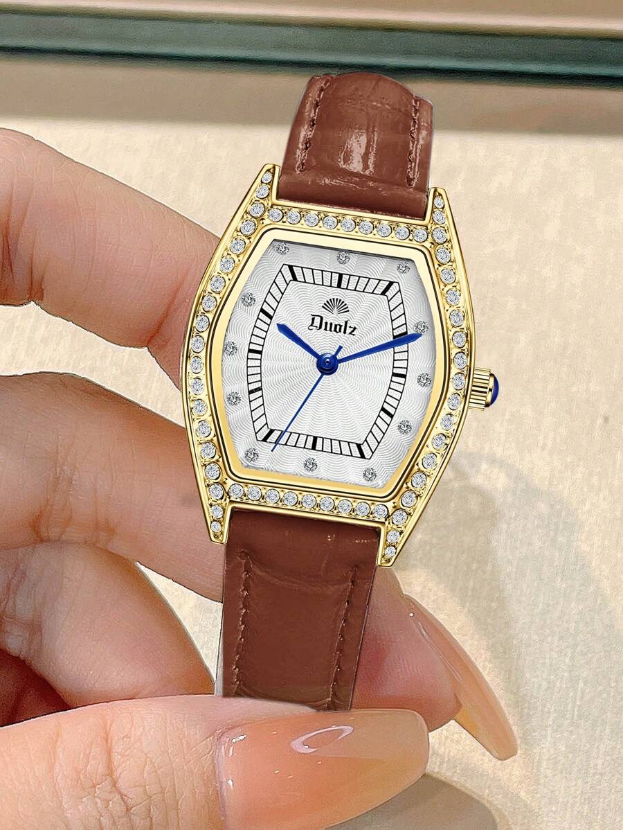 Duolz Đồng hồ đeo tay thạch anh con trỏ Tonneau trang trí bằng đá rhinestone - màu nâu - Xem 1