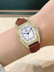 Duolz Đồng hồ đeo tay thạch anh con trỏ Tonneau trang trí bằng đá rhinestone - màu nâu - Xem 6