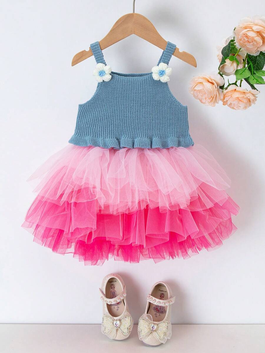 Baby 1pc Appliques Ruffle Hem Knit Top Without Skirt - Dusty Blue - View 1