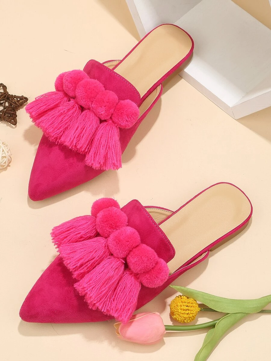 Bailarinas con puntera puntiaguda, decoración de pompones y flecos para mujer en otoño/invierno, bailarinas de mula de ante sintético con estilo funky - Rosa Fucsia - Ver 1
