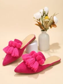 Bailarinas con puntera puntiaguda, decoración de pompones y flecos para mujer en otoño/invierno, bailarinas de mula de ante sintético con estilo funky - Rosa Fucsia - Ver 2
