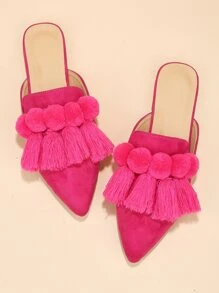 Bailarinas con puntera puntiaguda, decoración de pompones y flecos para mujer en otoño/invierno, bailarinas de mula de ante sintético con estilo funky - Rosa Fucsia - Ver 3