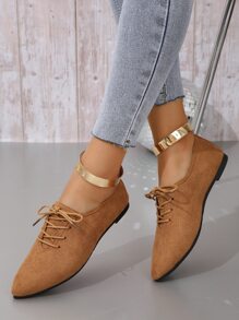 2025年秋季女士系带尖头平底鞋，优雅仿麂皮牛津平底鞋