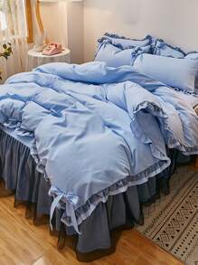 1pc Bow Decor Ruffle Trim Duvet Cover Set, Romantic Polyester Bedding Set For Home - Blue - View 1