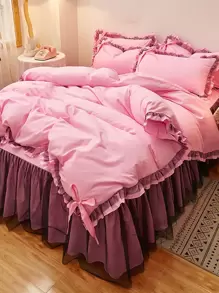 1pc Pink Ruffle Trim Duvet Cover Without Filler, Polyester Bedding Duvet Cover For Bedroom - Baby Pink - View 1