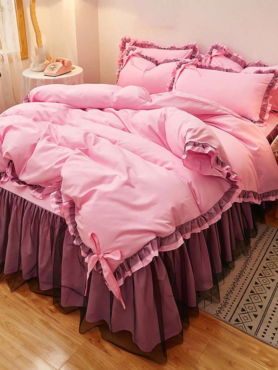 1pc Pink Ruffle Trim Duvet Cover Without Filler, Polyester Bedding Duvet Cover For Bedroom - Baby Pink - View 1