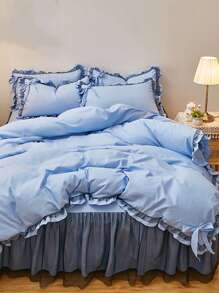 1pc Bow Decor Ruffle Trim Duvet Cover Set, Romantic Polyester Bedding Set For Home - Blue - View 2