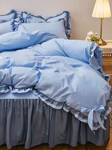1pc Bow Decor Ruffle Trim Duvet Cover Set, Romantic Polyester Bedding Set For Home - Blue - View 4