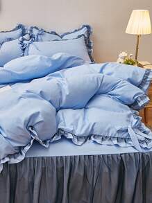 1pc Bow Decor Ruffle Trim Duvet Cover Set, Romantic Polyester Bedding Set For Home - Blue - View 6