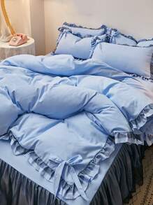 1pc Bow Decor Ruffle Trim Duvet Cover Set, Romantic Polyester Bedding Set For Home - Blue - View 7