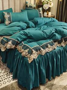 1pc Flower Trim Duvet Cover Set, Romantic Microfiber Bedding Set For Home - Dark Green - View 2