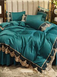 1pc Flower Trim Duvet Cover Set, Romantic Microfiber Bedding Set For Home - Dark Green - View 8