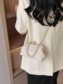 Small Straw Bag Faux Pearl Decor Kiss Lock Chain Strap For Vacation - Beige - View 4