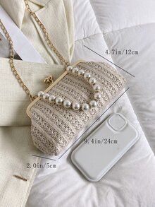Small Straw Bag Faux Pearl Decor Kiss Lock Chain Strap For Vacation - Beige - View 6