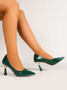 秋冬裸色尖头高跟女鞋，细跟设计，长时间穿着舒适，性感低帮礼服鞋，黑色专业办公鞋，风格独特，优雅，适合派对穿着。 - 綠色 - 查看 3