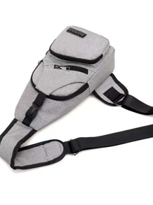 Mini Letter Patch Sling Bag Grey Pocket Front Adjustable Strap For Daily - Grey - View 4