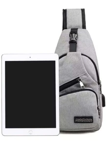 Mini Letter Patch Sling Bag Grey Pocket Front Adjustable Strap For Daily - Grey - View 7