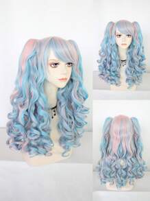 合成頭髮雙馬尾洛麗塔角色扮演假髮劉海24英寸長捲曲彈性藍色和粉色混合2個可拆卸馬尾角色扮演假髮雙爪夾馬尾假髮無膠耐熱纖維頭髮高密度自然馬尾辮假髮女式女孩裝扮假髮適合化裝萬聖節化裝舞會道具成人或兒童動漫漫畫服裝角色扮演假髮節日禮物和1入組假髮帽 - 彩色 - 查看 1