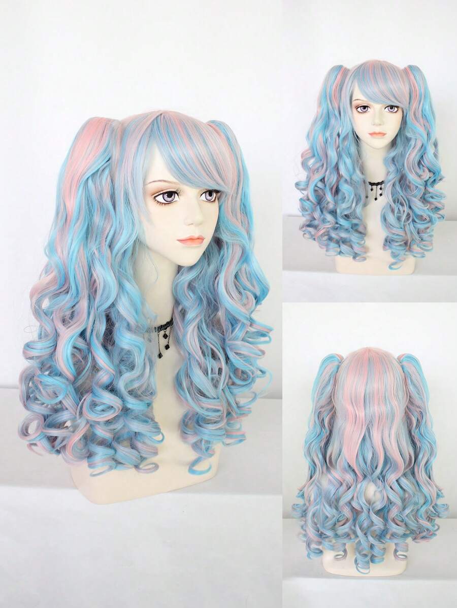 合成頭髮雙馬尾洛麗塔角色扮演假髮劉海24英寸長捲曲彈性藍色和粉色混合2個可拆卸馬尾角色扮演假髮雙爪夾馬尾假髮無膠耐熱纖維頭髮高密度自然馬尾辮假髮女式女孩裝扮假髮適合化裝萬聖節化裝舞會道具成人或兒童動漫漫畫服裝角色扮演假髮節日禮物和1入組假髮帽 - 彩色 - 查看 1