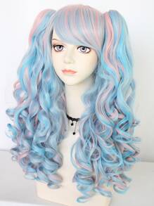 合成頭髮雙馬尾洛麗塔角色扮演假髮劉海24英寸長捲曲彈性藍色和粉色混合2個可拆卸馬尾角色扮演假髮雙爪夾馬尾假髮無膠耐熱纖維頭髮高密度自然馬尾辮假髮女式女孩裝扮假髮適合化裝萬聖節化裝舞會道具成人或兒童動漫漫畫服裝角色扮演假髮節日禮物和1入組假髮帽 - 彩色 - 查看 3