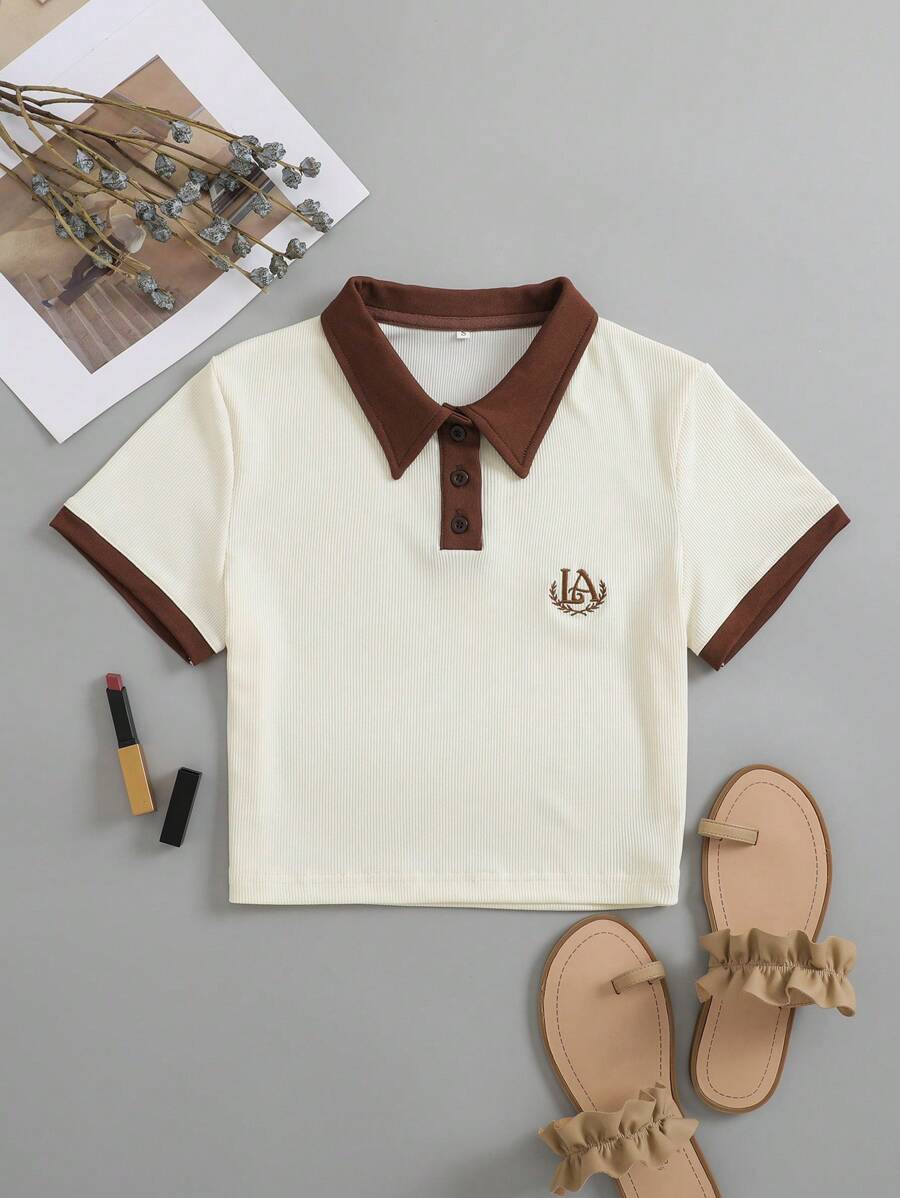 INAWLY 刺绣撞色边饰高领 T 恤图案 T 恤女式上衣 - 杏色 - 查看 1