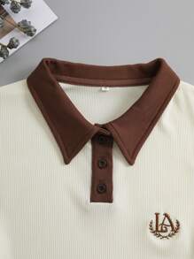 INAWLY 刺绣撞色边饰高领 T 恤图案 T 恤女式上衣 - 杏色 - 查看 6