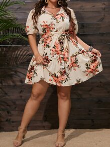 SHEIN Unity Vestido de verano con estampado floral, mangas abultadas, volantes en el bajo y cinturón - Albaricoque - Ver 3