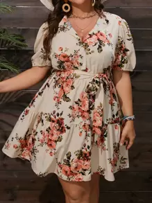 SHEIN Unity Vestido de verano con estampado floral, mangas abultadas, volantes en el bajo y cinturón - Albaricoque - Ver 4