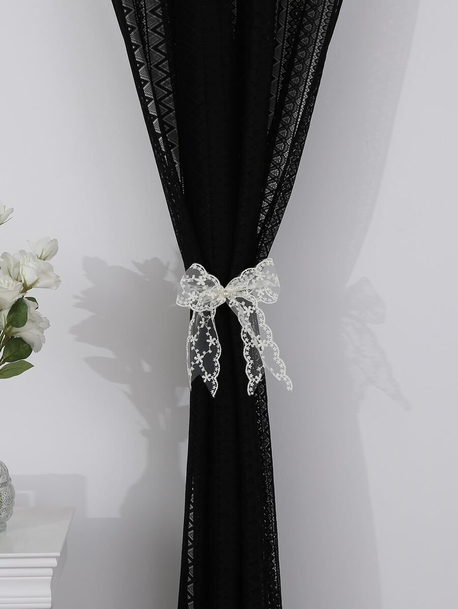 1pc White Curtain Tieback, Modern Polyester Faux Pearl & Bow Decor Curtain Strap Tie For Home - Beige - View 1