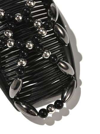 1 szt. damski czarny błyszczący eliptyczny koralikowy podwójny rząd elastyczny magiczny grzebień do włosów do szybkiego upięcia, grzebień do włosów na co dzień, akcesoria szkolne, ślubne, akcesoria do włosów