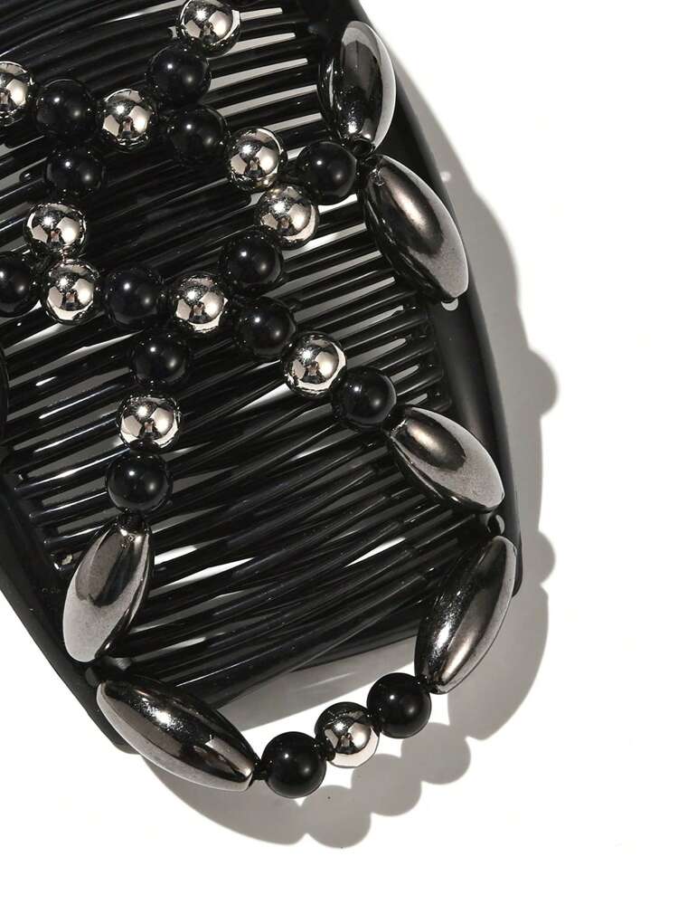 1pc Women's Black Shiny Ellipse Bead Double Row Elastic Magical Hair Comb For Quick Updo Casual Combs For Hair Side Comb, School Stuff, Wedding, Hair Accessories, Head Accessories