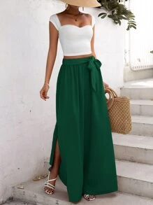 SHEIN VCAY 素色短款上衣和高衩腰帶闊腿褲 - 墨綠色 - 查看 1