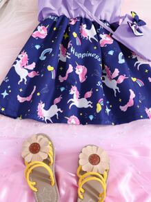Toddler Girls Unicorn Print Asymmetrical Neck Ruffle Trim Dress & Bag - Multicolor - View 4