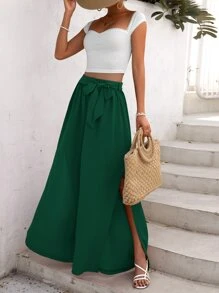 SHEIN VCAY 素色短款上衣和高衩腰帶闊腿褲 - 墨綠色 - 查看 4