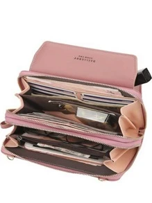 双拉链大容量斜跨手机包侧包女士热粉色商务休闲女士钱包钱包长款钱包腕带钱包 - 藕粉色 - 查看 6