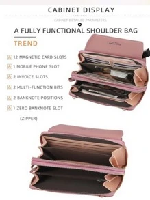 双拉链大容量斜跨手机包侧包女士热粉色商务休闲女士钱包钱包长款钱包腕带钱包 - 藕粉色 - 查看 8