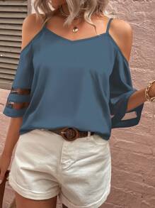 SHEIN LUNE 素色鏤空挖肩襯衫 - 藍色 - 查看 1