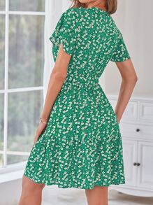 碎花交疊領荷葉邊洋裝 - 綠色 - 查看 2