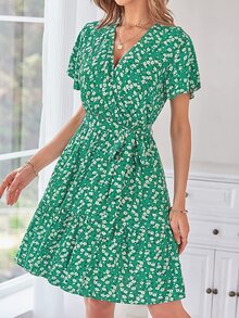 碎花交疊領荷葉邊洋裝 - 綠色 - 查看 4