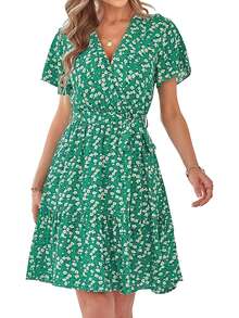 碎花交疊領荷葉邊洋裝 - 綠色 - 查看 5