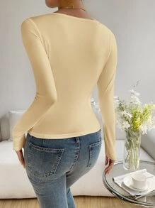 SHEIN Essnce Solid Scoop Neck Tee - Khaki - View 2