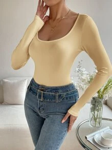 SHEIN Essnce Solid Scoop Neck Tee - Khaki - View 3